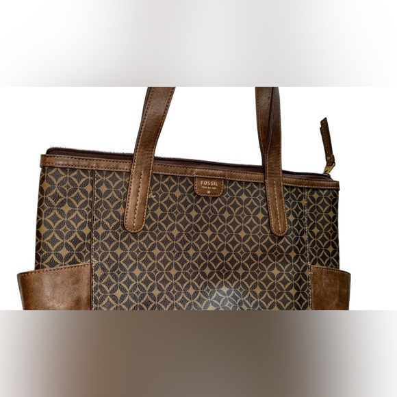 FOSSIL Mimi Shopper Tote brown tan geometric print shoulder bag NWOT - Picture 4 of 8